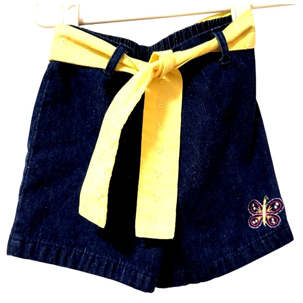 Penelope Mack Denim Shorts Girls Size 5 Yellow Eyelet Belt Embroidered Butterfly